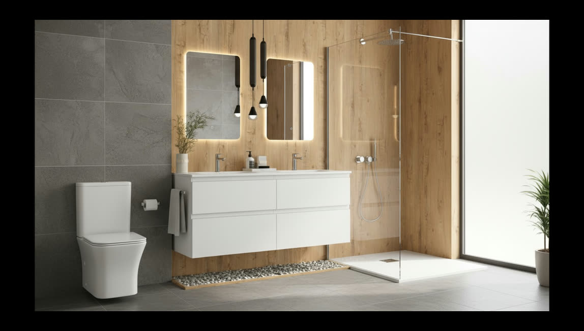 Infografía de uno de los baños, con doble lavabo y ducha acristalada