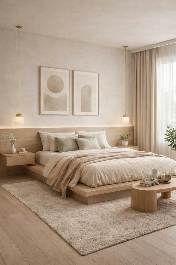 Infografía del dormitorio principal, en tonos neutros