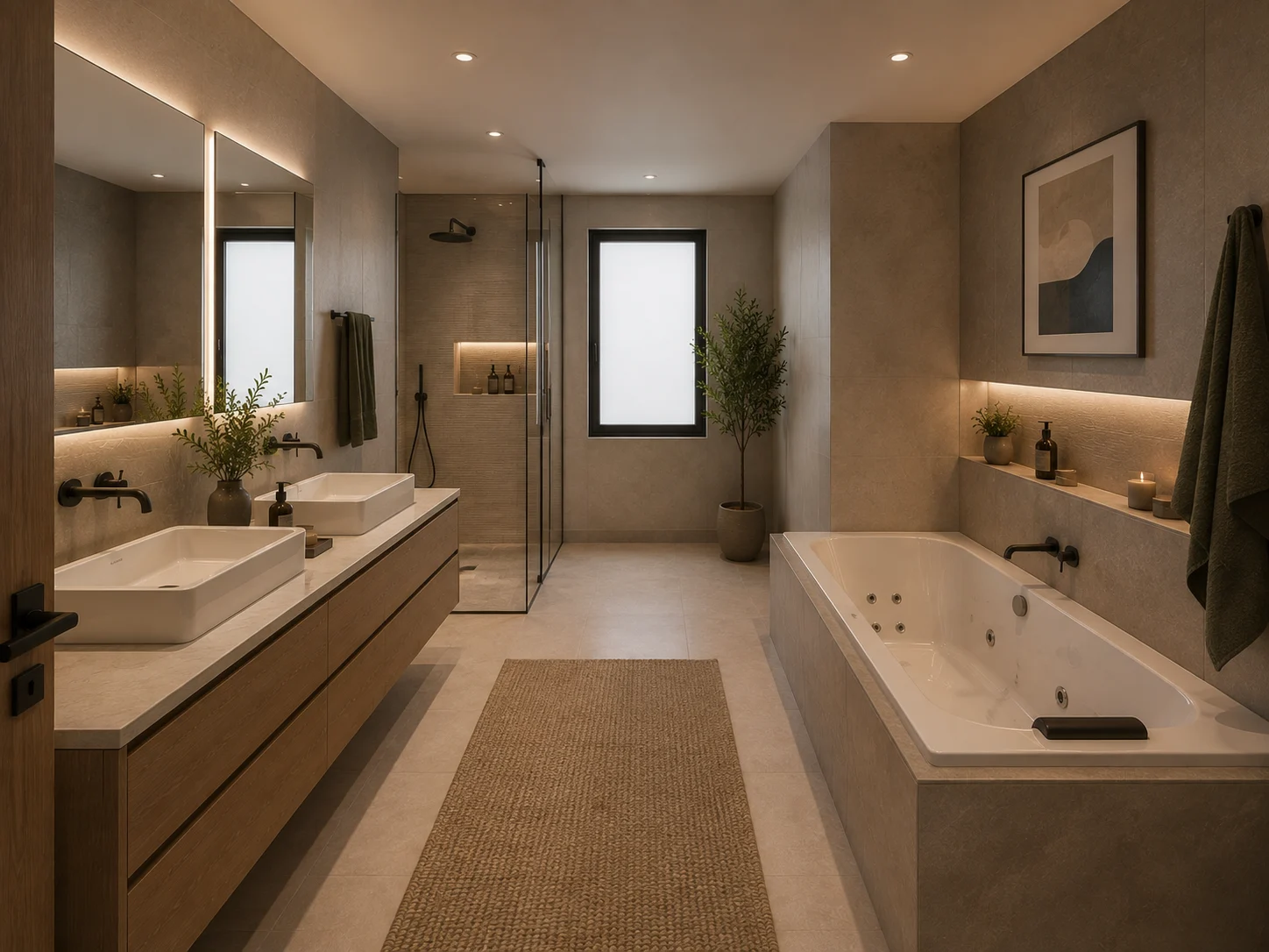 Infografía del baño principal con bañera de hidromasaje, ducha independiente y doble lavabo