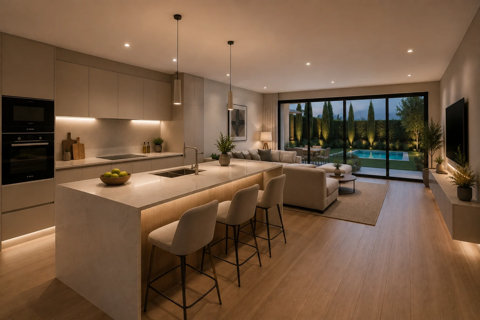 Infografía de la cocina con isla abierta al salón, con la piscina iluminada al fondo a través del ventanal