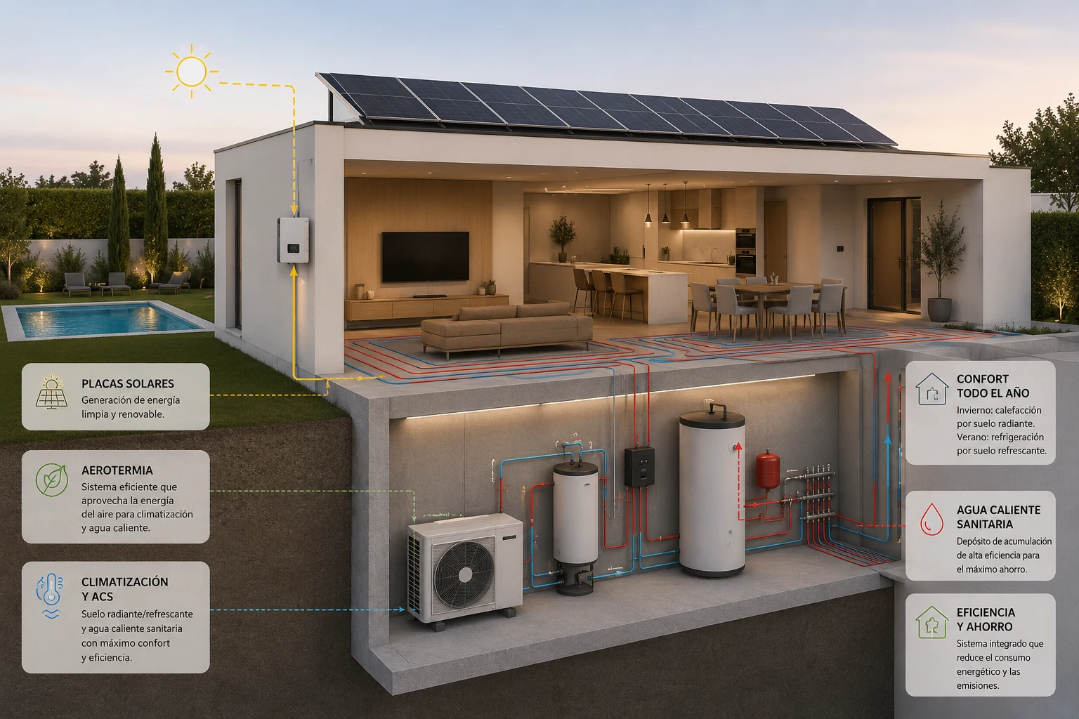 Esquema del sistema de eficiencia energética de la vivienda: placas solares en cubierta, aerotermia y suelo radiante y refrescante, con acumulador de agua caliente sanitaria