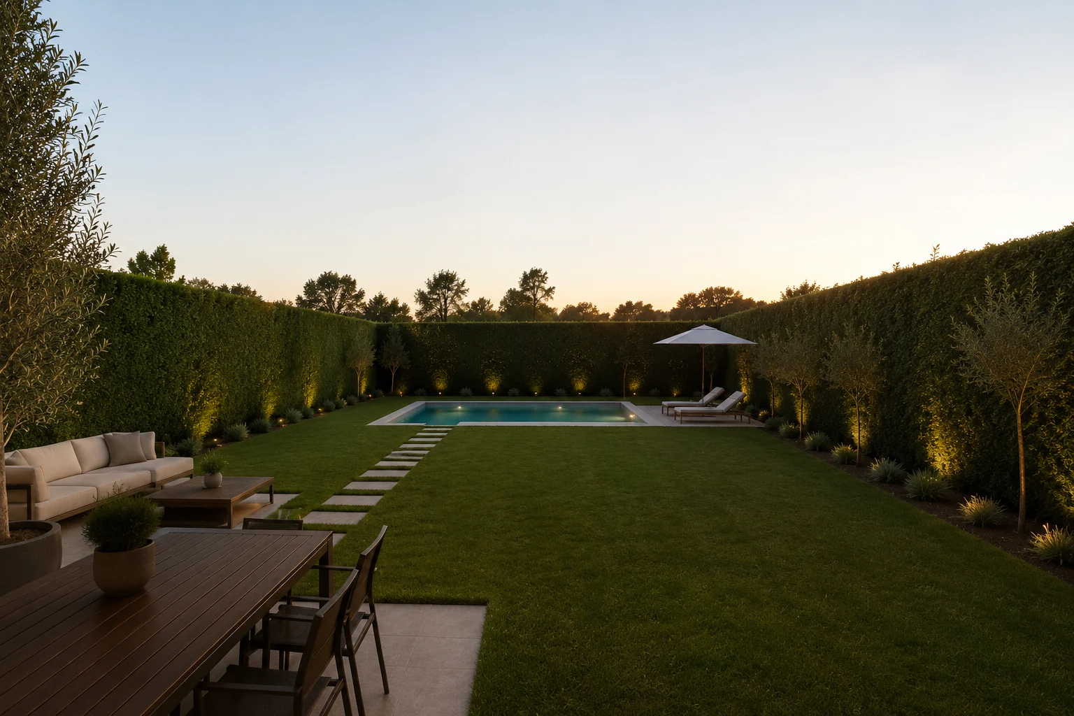Infografía del jardín trasero al atardecer, con la piscina de 6 por 3 metros y el seto que cierra la parcela
