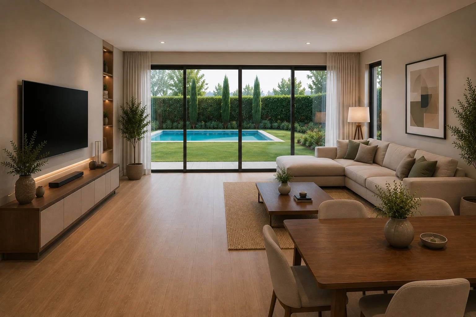 Infografía del salón comedor con el jardín y la piscina al fondo, a través del ventanal corredero