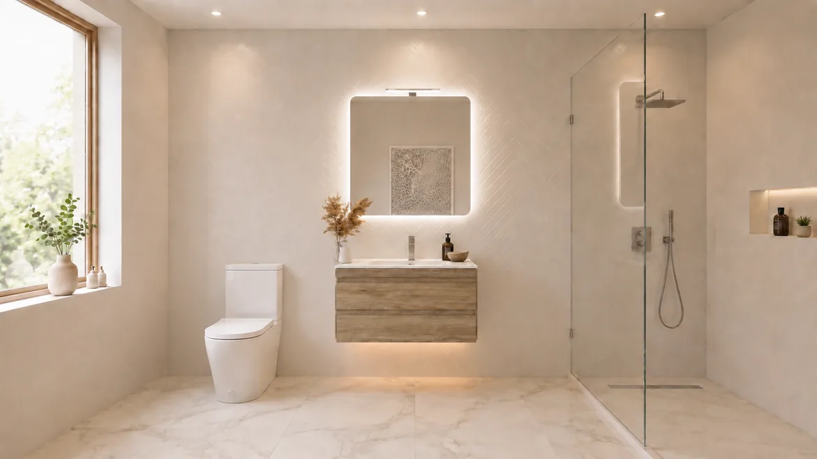 Infografía del baño secundario con lavabo suspendido, espejo retroiluminado y ducha con mampara