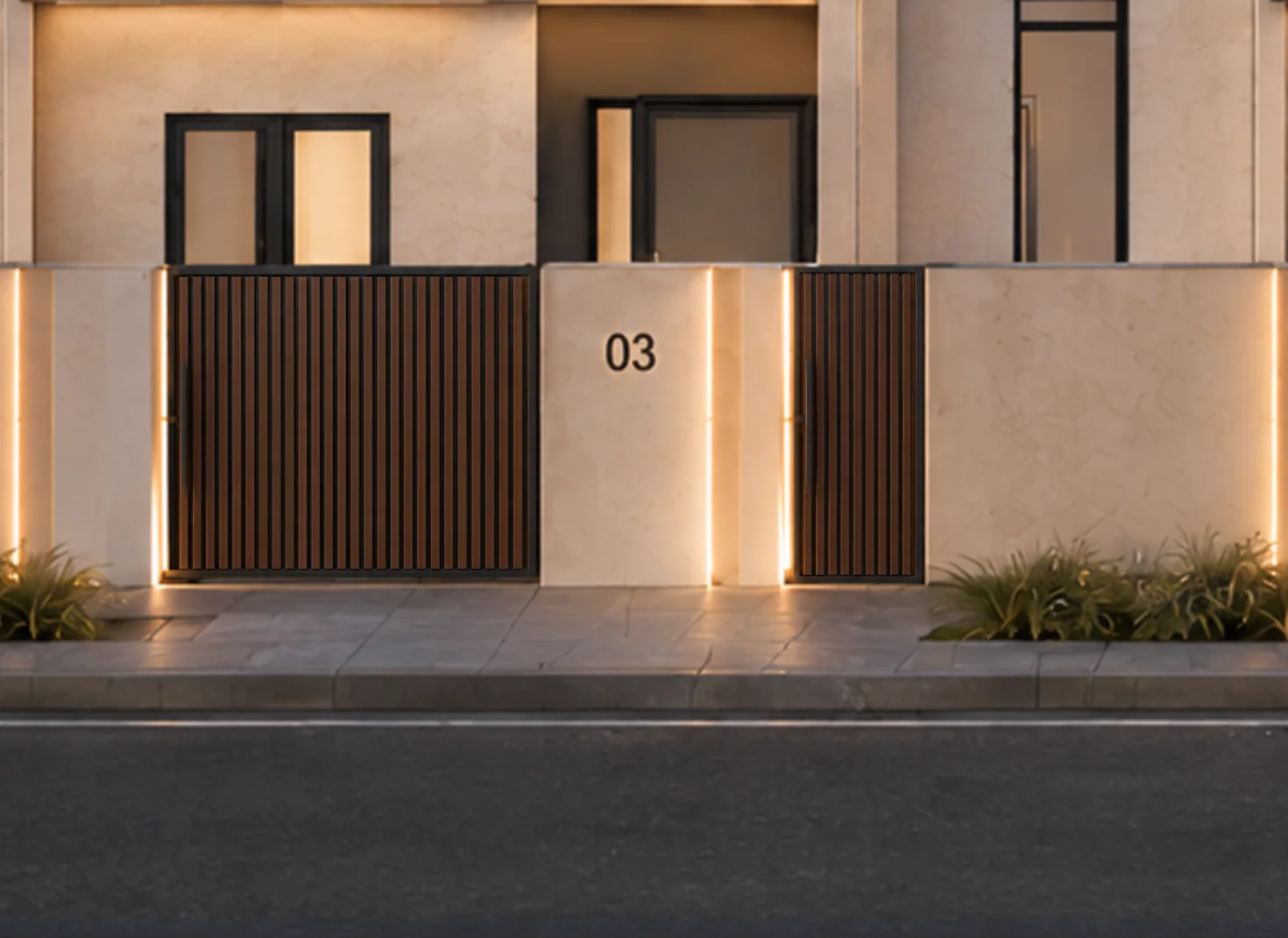 Infografía del acceso a la vivienda de noche: cerramiento con lamas de madera, puerta peatonal y número iluminado