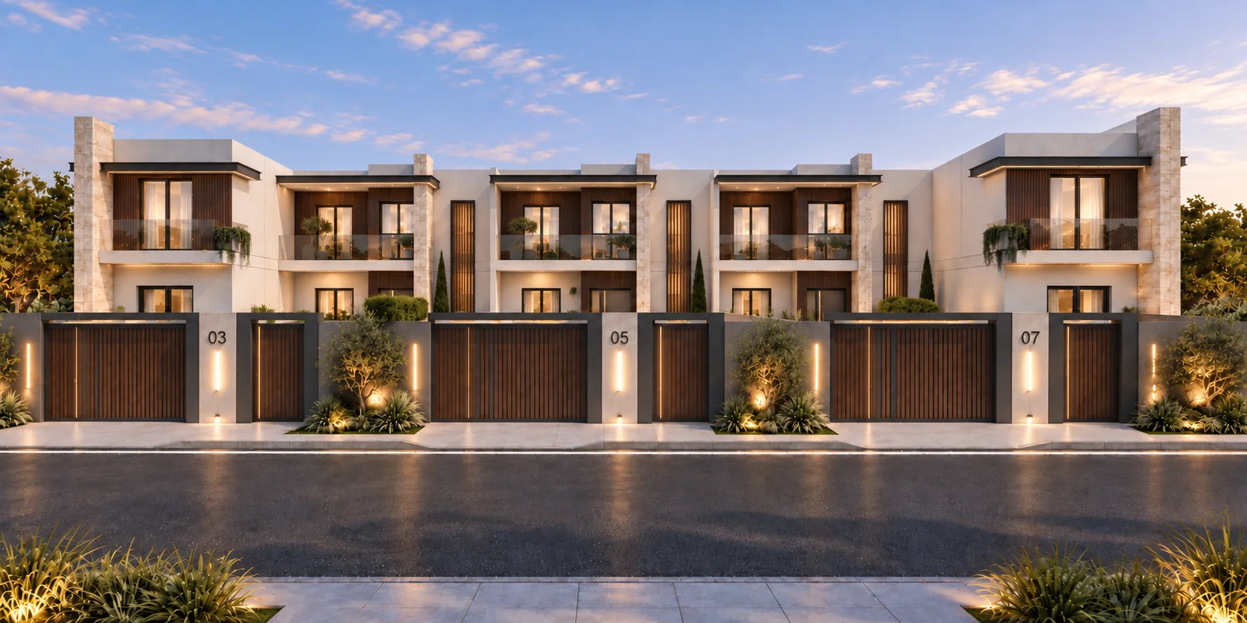 Infografía de la fachada principal de Residencial Plenilunio al atardecer: cinco viviendas con piedra, lamas de madera y cerramiento iluminado