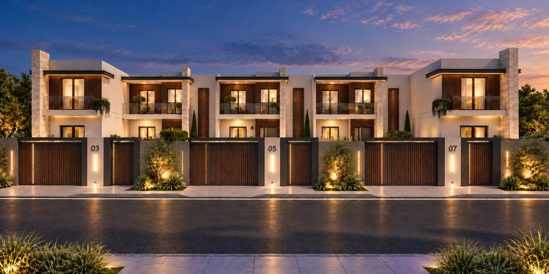 Infografía nocturna del conjunto completo de Residencial Plenilunio: las cinco viviendas con el cerramiento iluminado