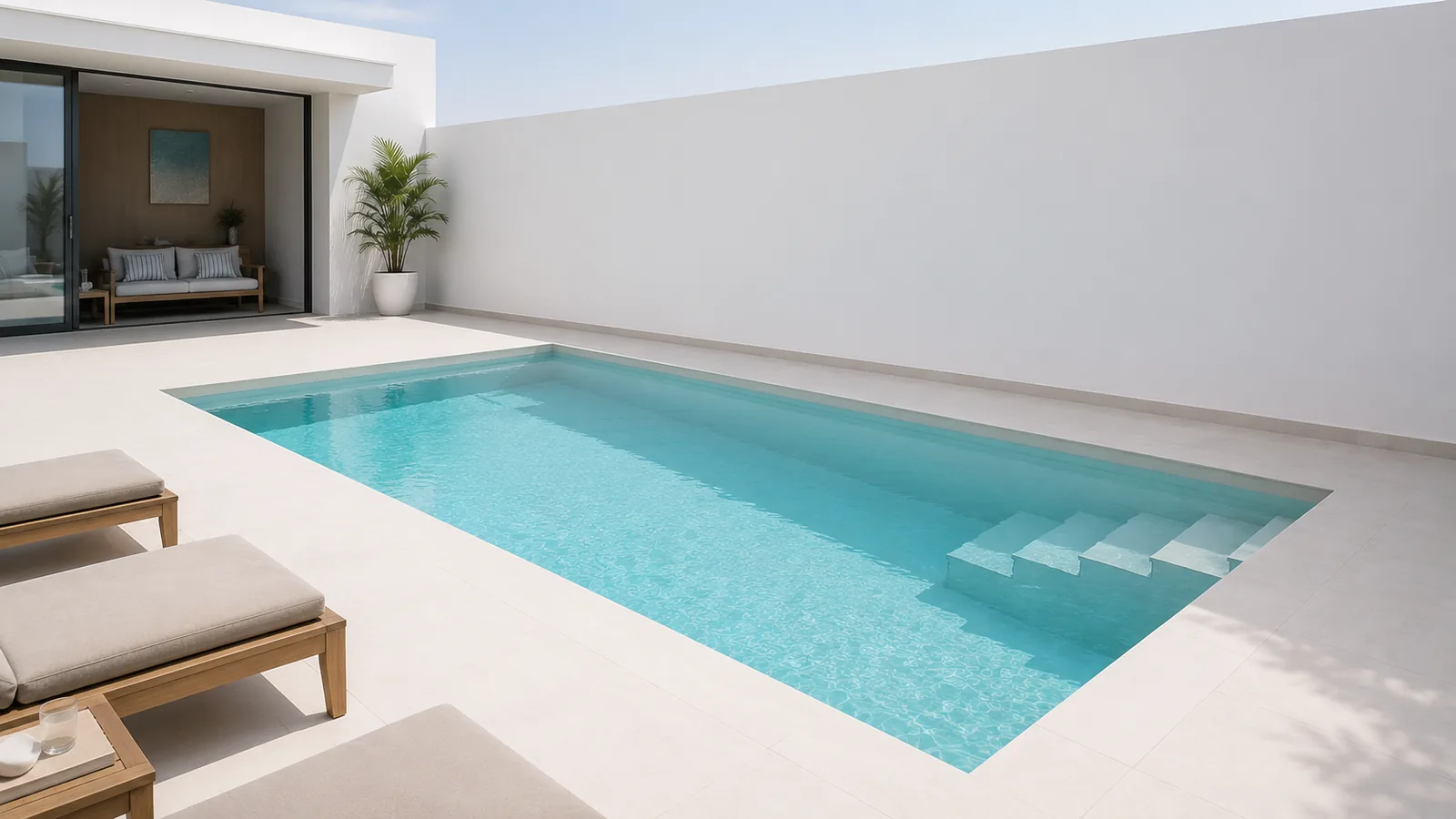 Infografía de la piscina de 6 por 3 metros con escalera de obra, solárium y tumbonas