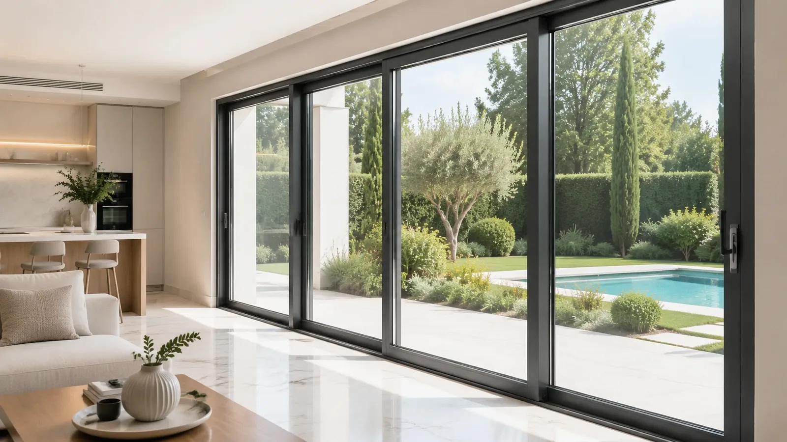 Infografía del salón con el ventanal corredero de aluminio abierto al jardín y la piscina