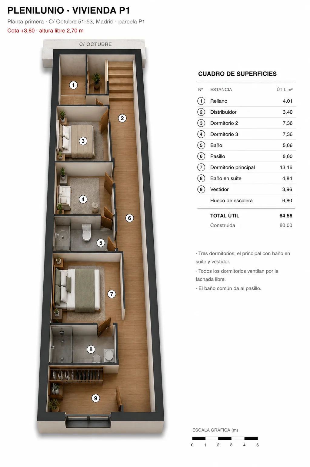 Vista 3D amueblada del interior de la planta baja de la vivienda P1