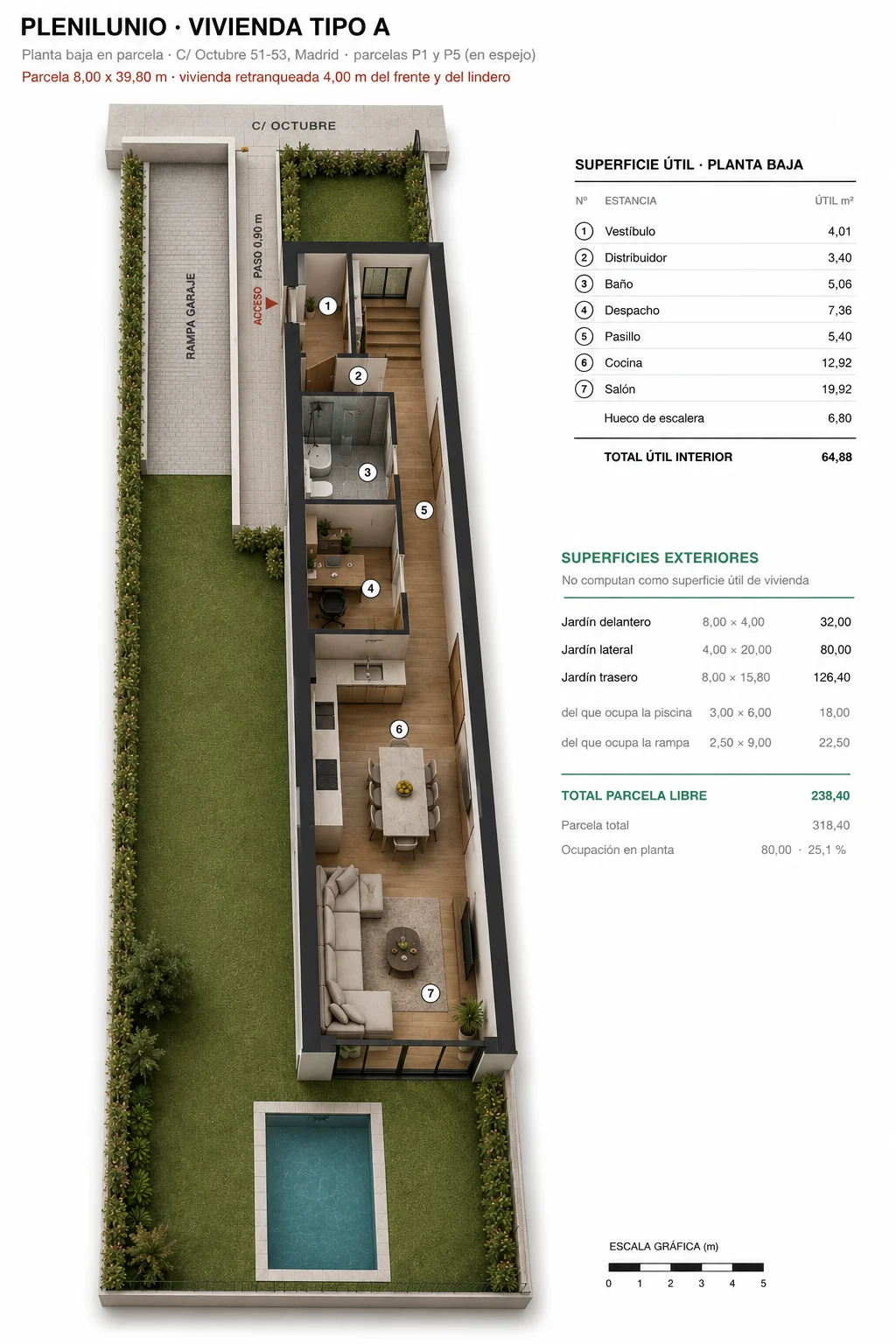 Vista 3D de la planta baja de la vivienda P1 con el jardín y la piscina