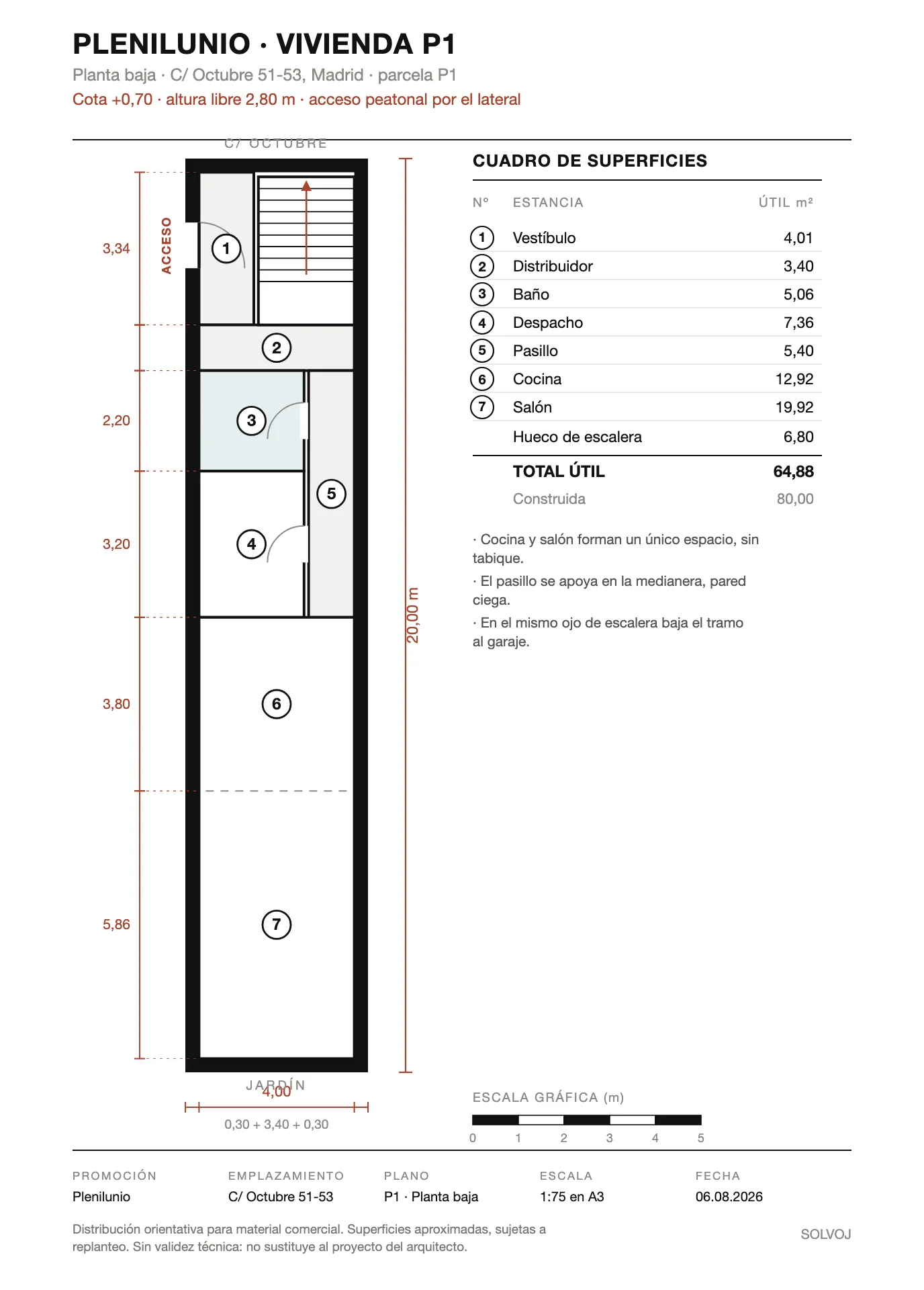 Plano técnico de la planta baja de la vivienda P1: despacho, cocina con isla y salón comedor